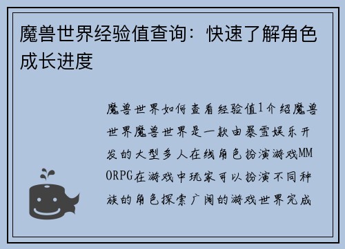 魔兽世界经验值查询:快速了解角色成长进度