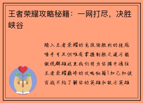 王者荣耀攻略秘籍：一网打尽，决胜峡谷